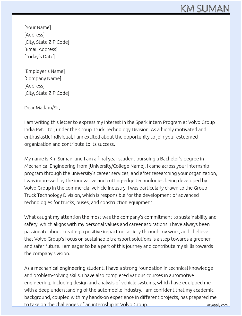 Spark intern program volvo group india pvt. Ltd.  At Group truck technology Cover Letter