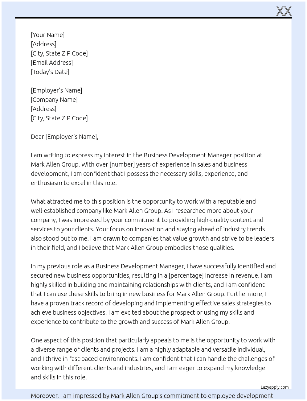 Business Development Manager At Mark Allen Group Cover Letter