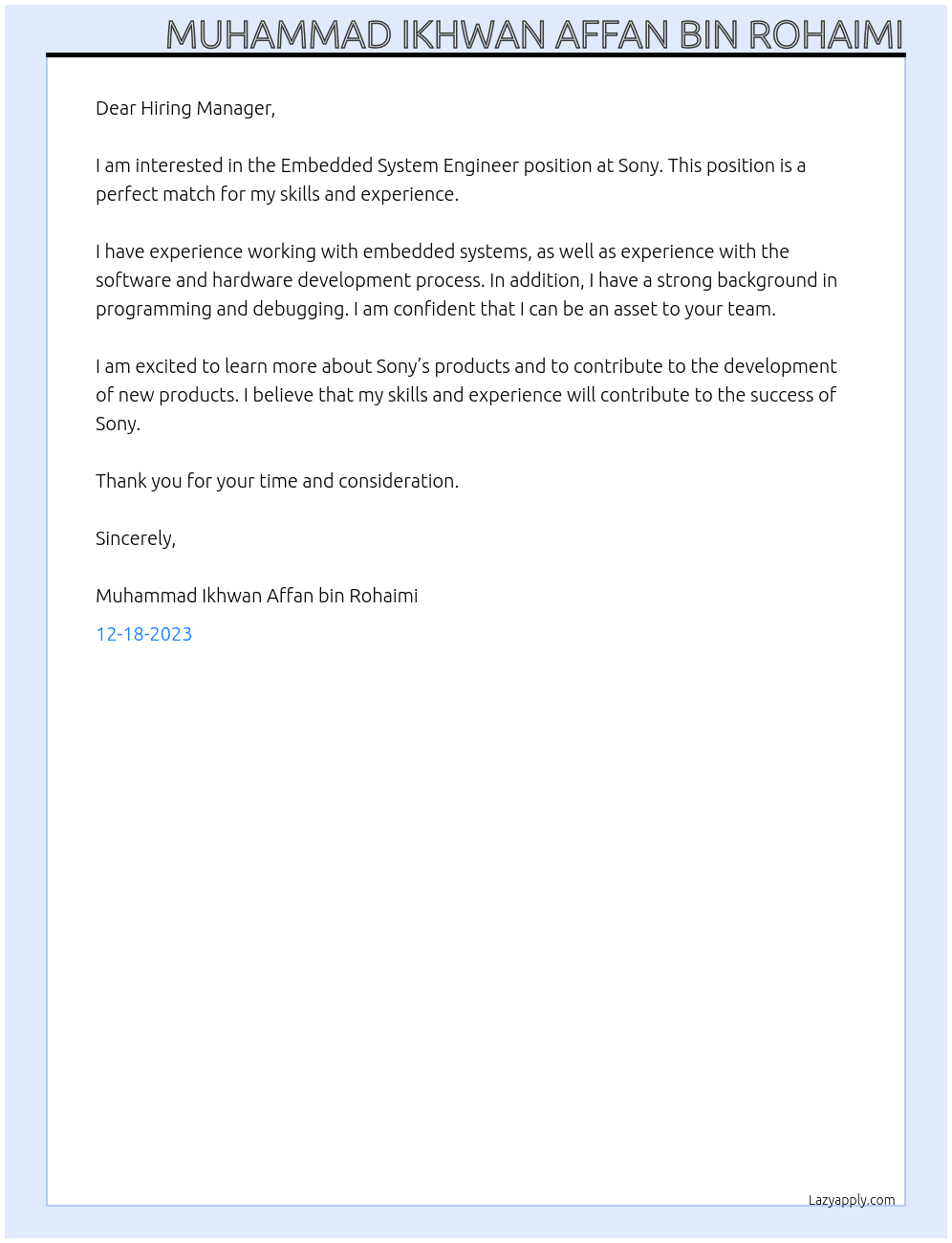 Embedded System Engineer At Sony Cover Letter