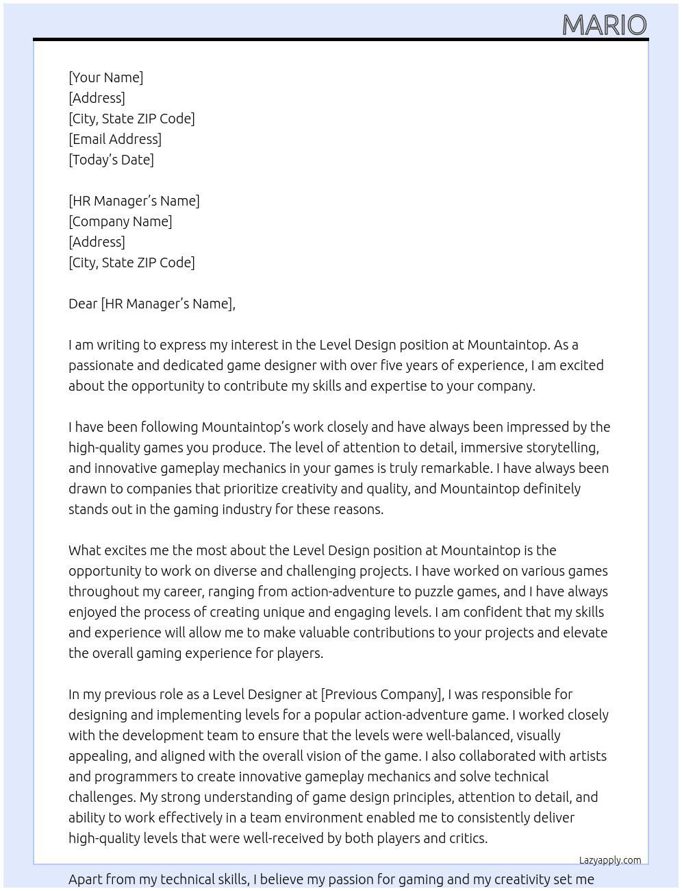 Level Design At Mountaintop Cover Letter
