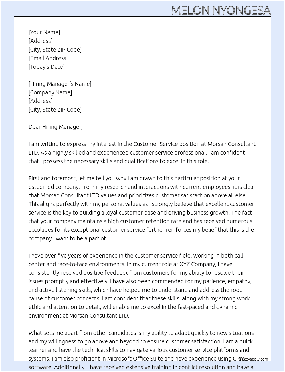 Customer service At Morsan consultant LTD Cover Letter
