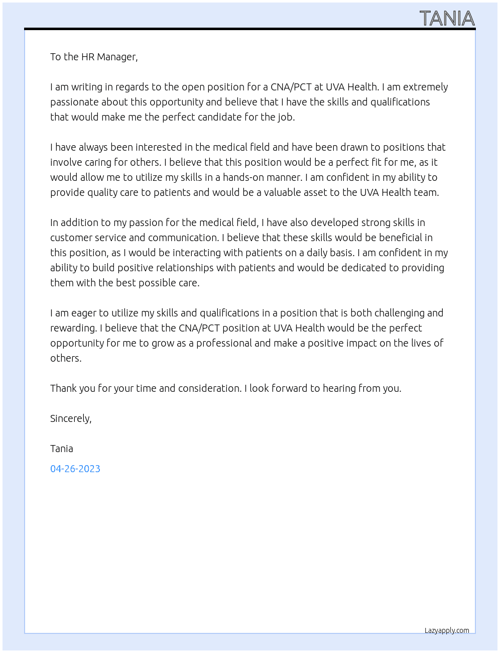 cna/pct At uva health Cover Letter