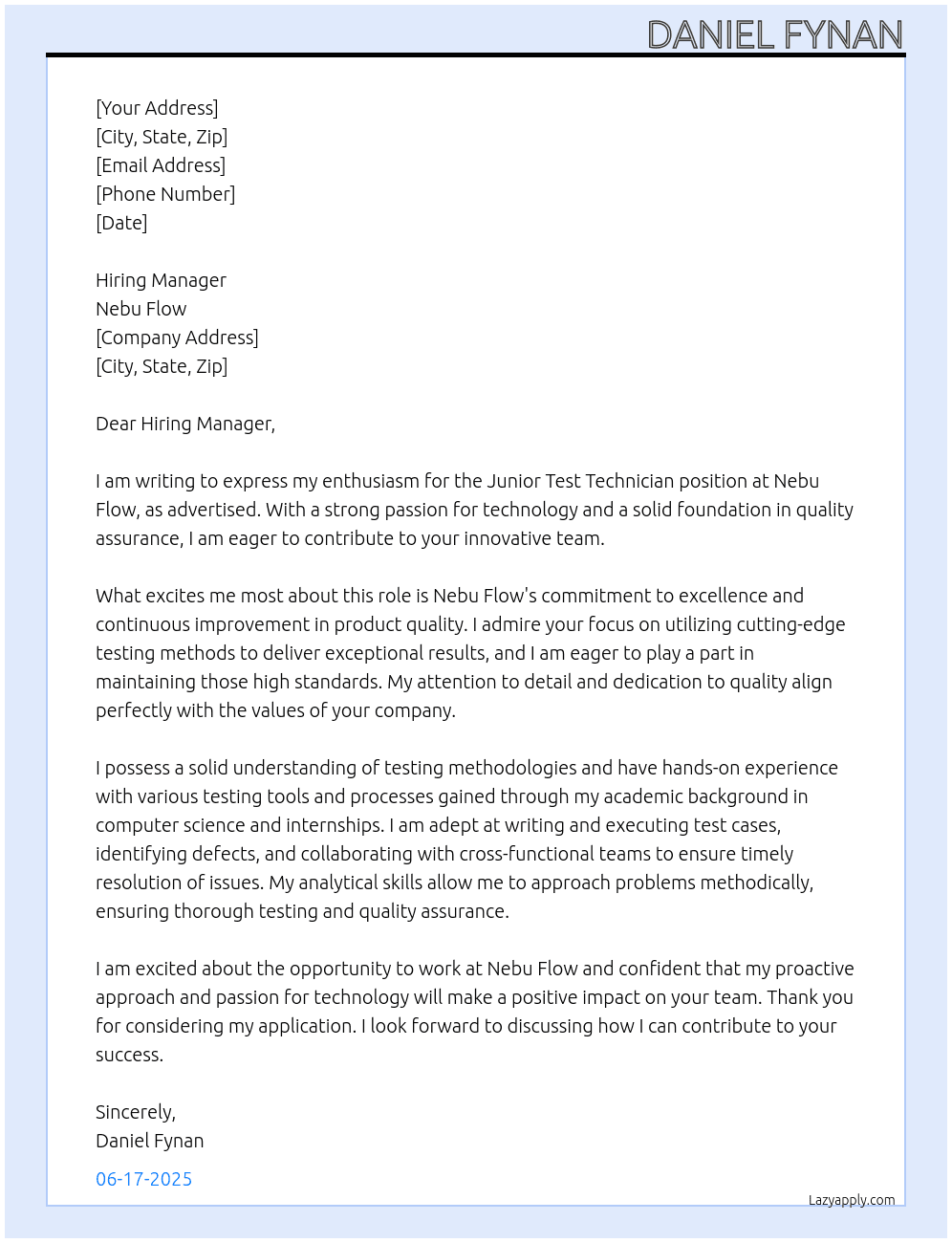 Cover letter for junior test technician - LazyApply