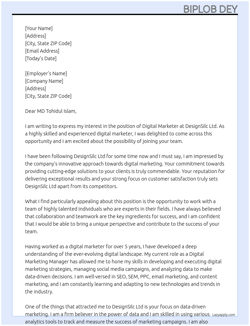 Digital Marketer At DesignSilc Ltd Cover Letter