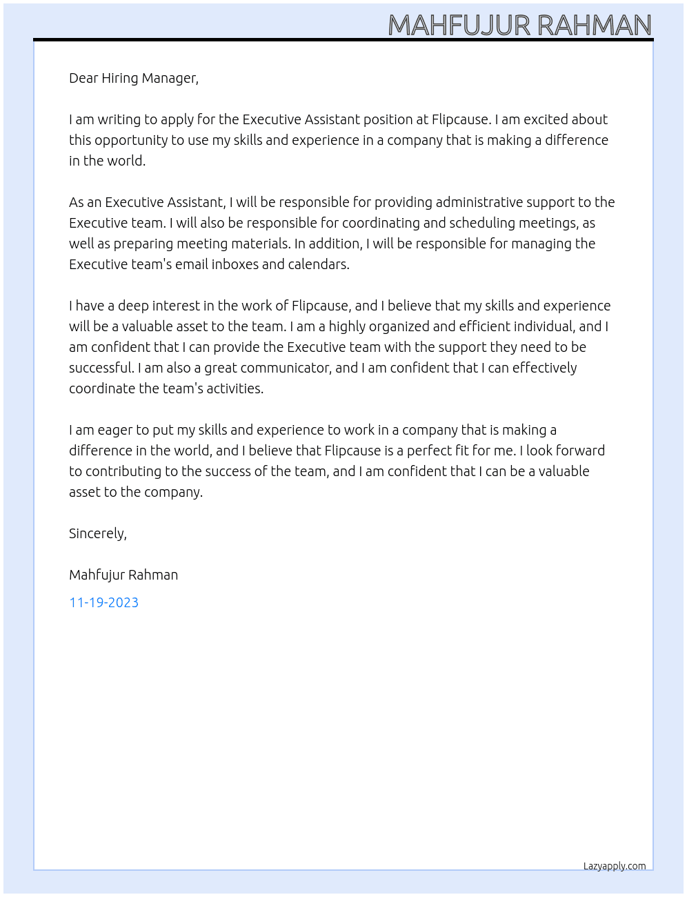Executive Assistant At Flipcause Cover Letter