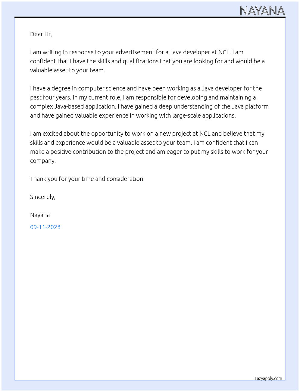 Java developer At NCL Cover Letter
