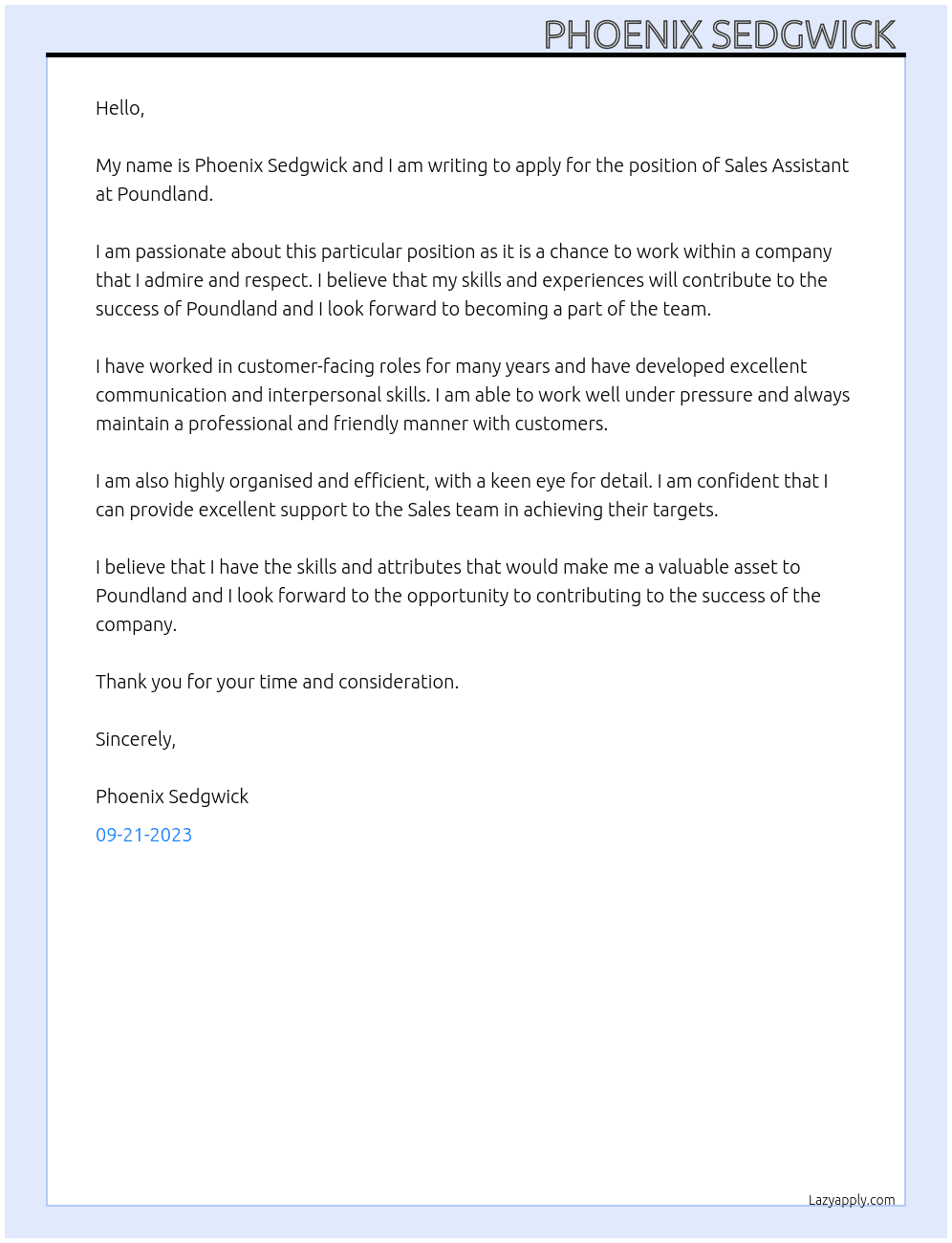 Sales assistant  At Poundland  Cover Letter