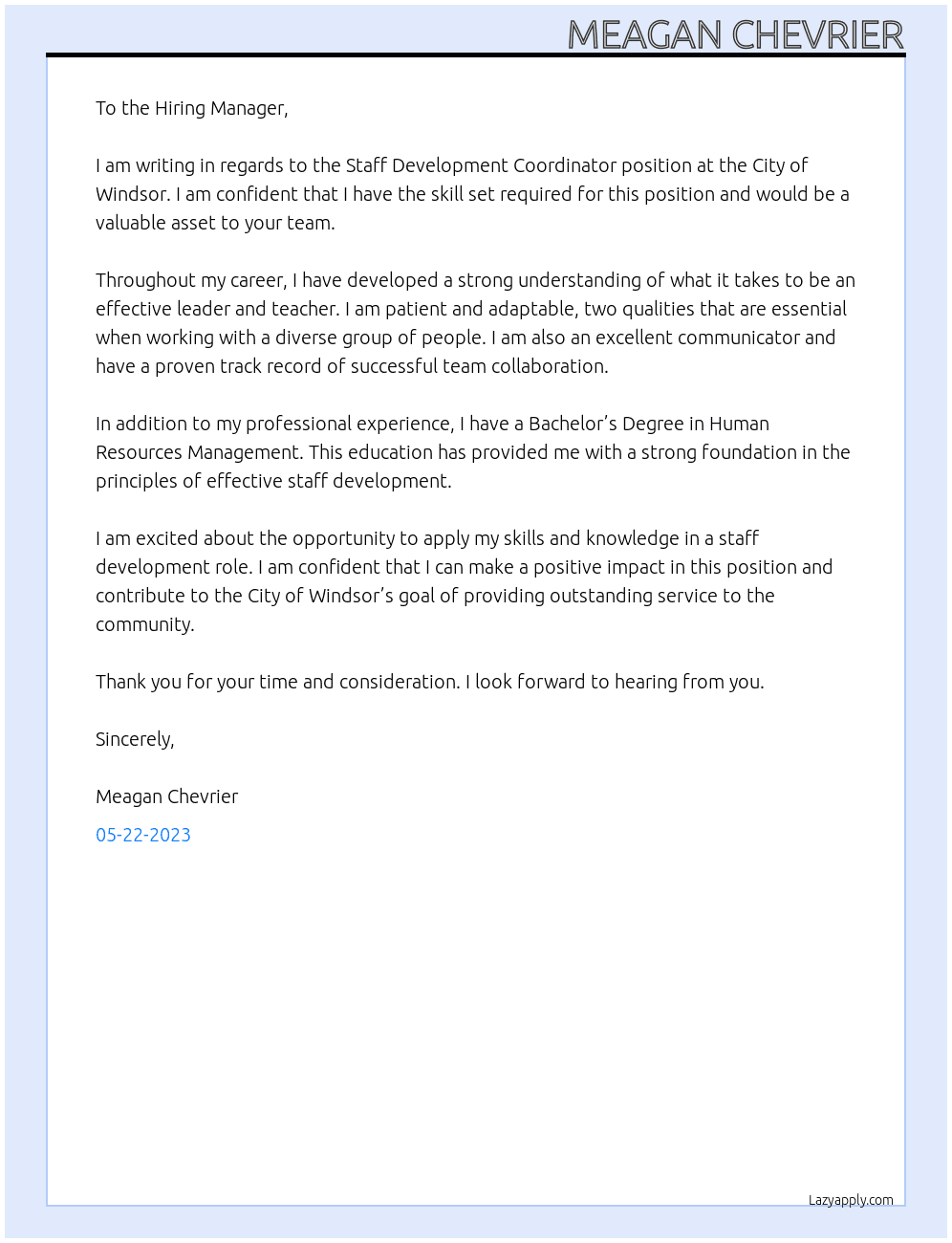 Staff Development Coordinator At City of Windsor Cover Letter