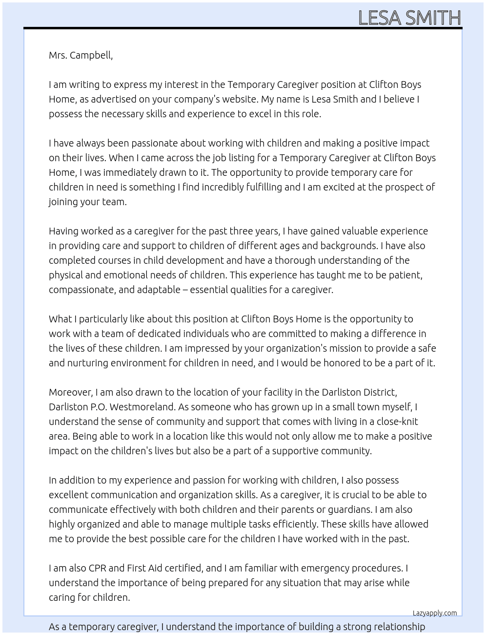 Temporary Caregiver At Clifton Boys Home  Cover Letter