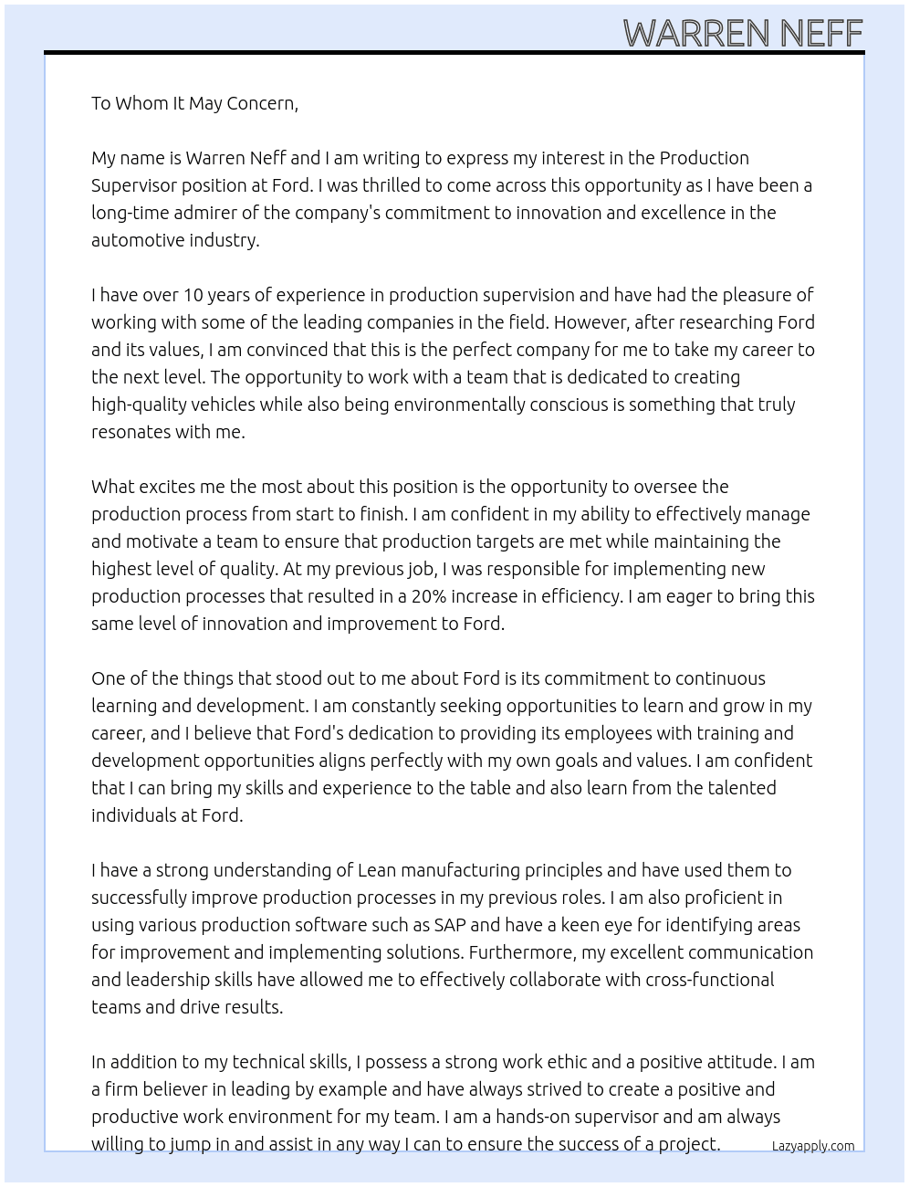 Production Supervisor At Ford Cover Letter