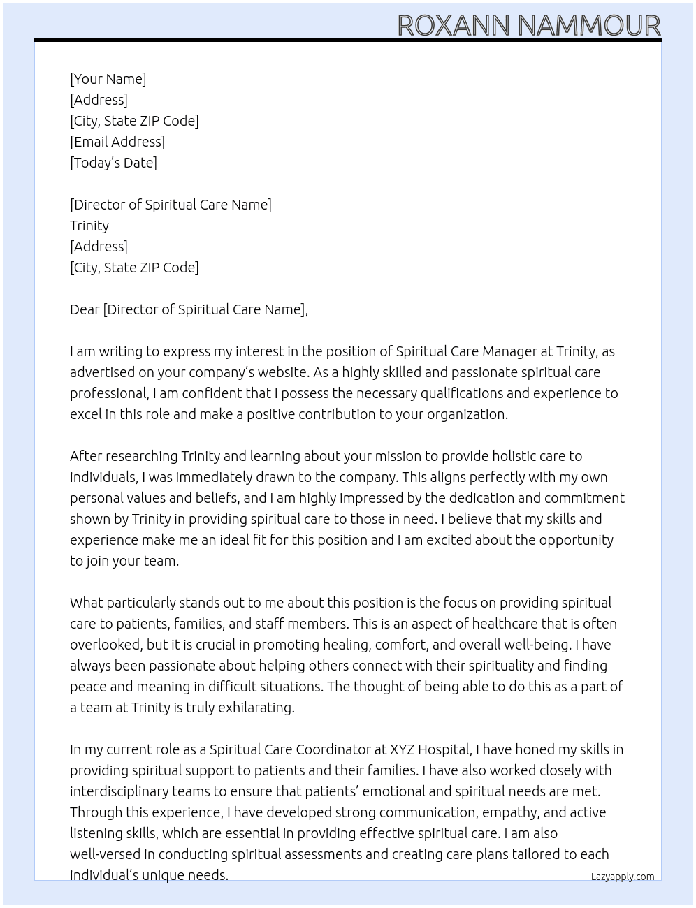 Spiritual Care Manager At trinity Cover Letter
