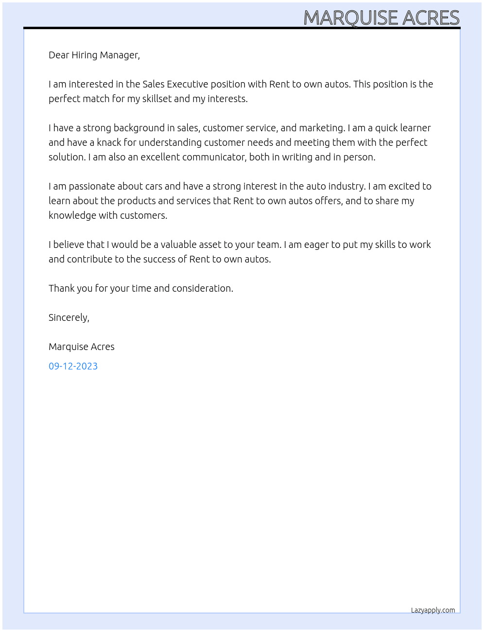 Sales Execuitve At Rent to own autos Cover Letter