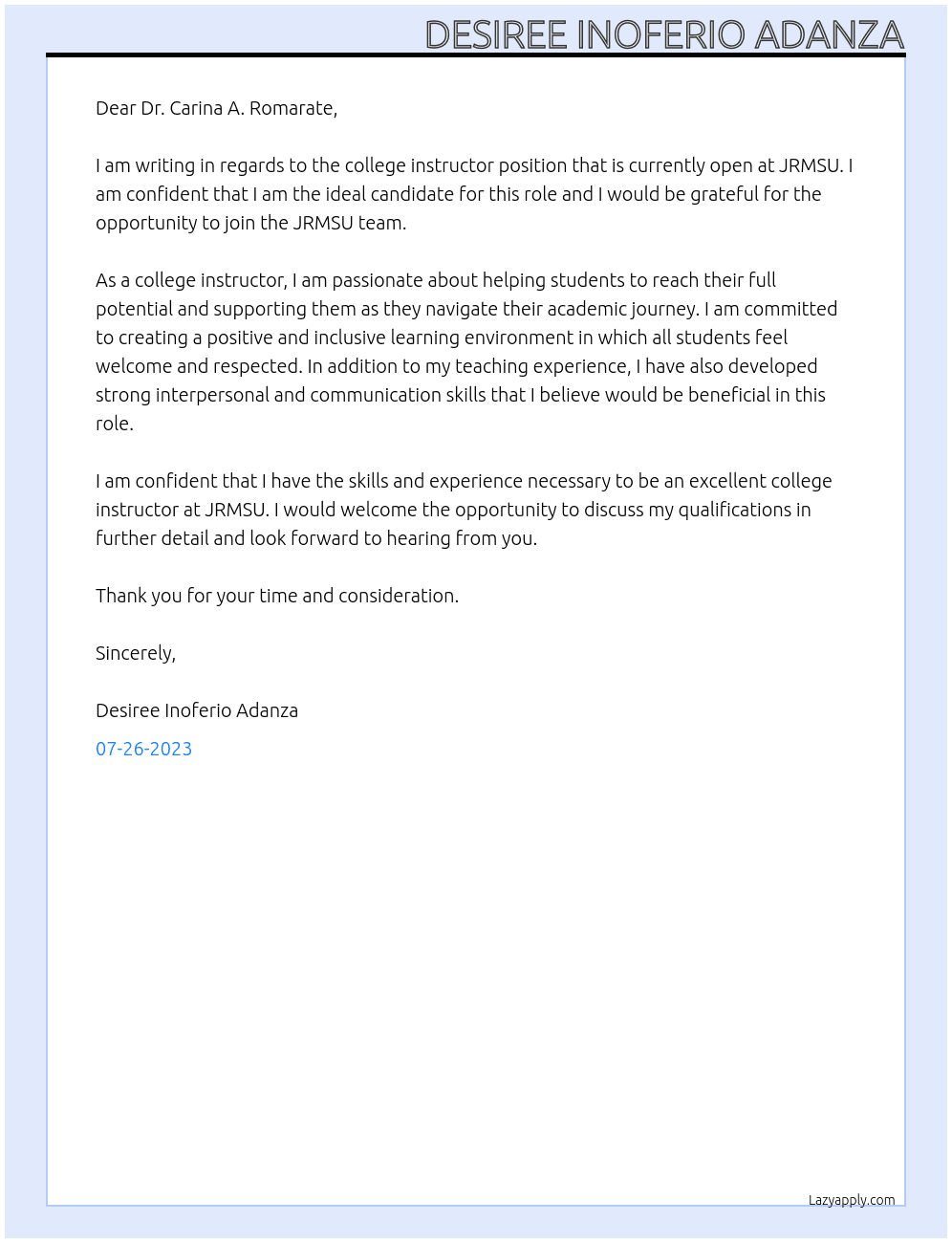 college instructor At JRMSU  Cover Letter