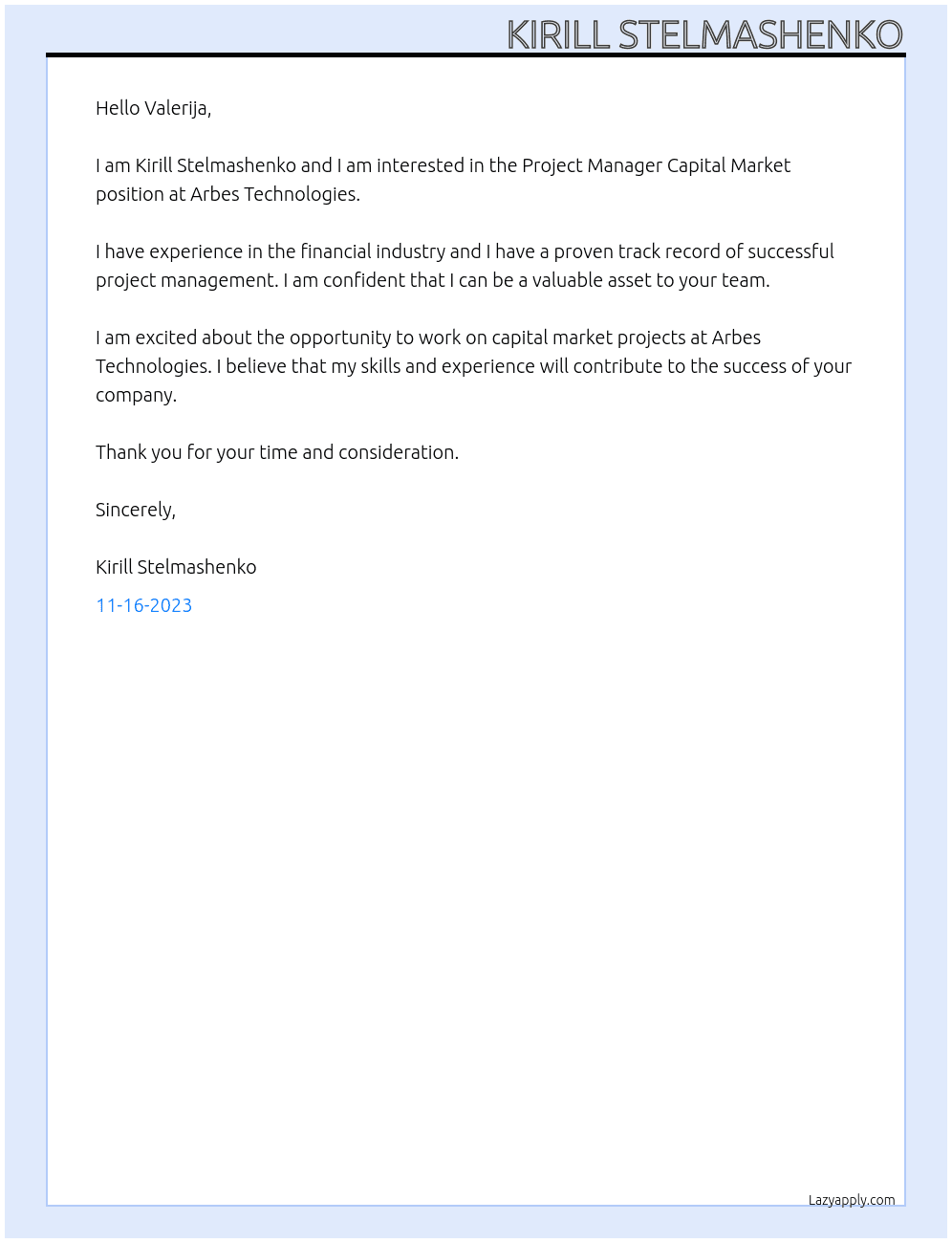 Project Manager Capital Market At Arbes Technologies Cover Letter