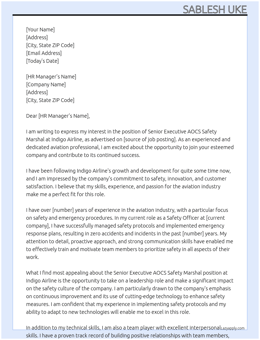 Cover letter for senior executive aocs roll of safety marshal - LazyApply