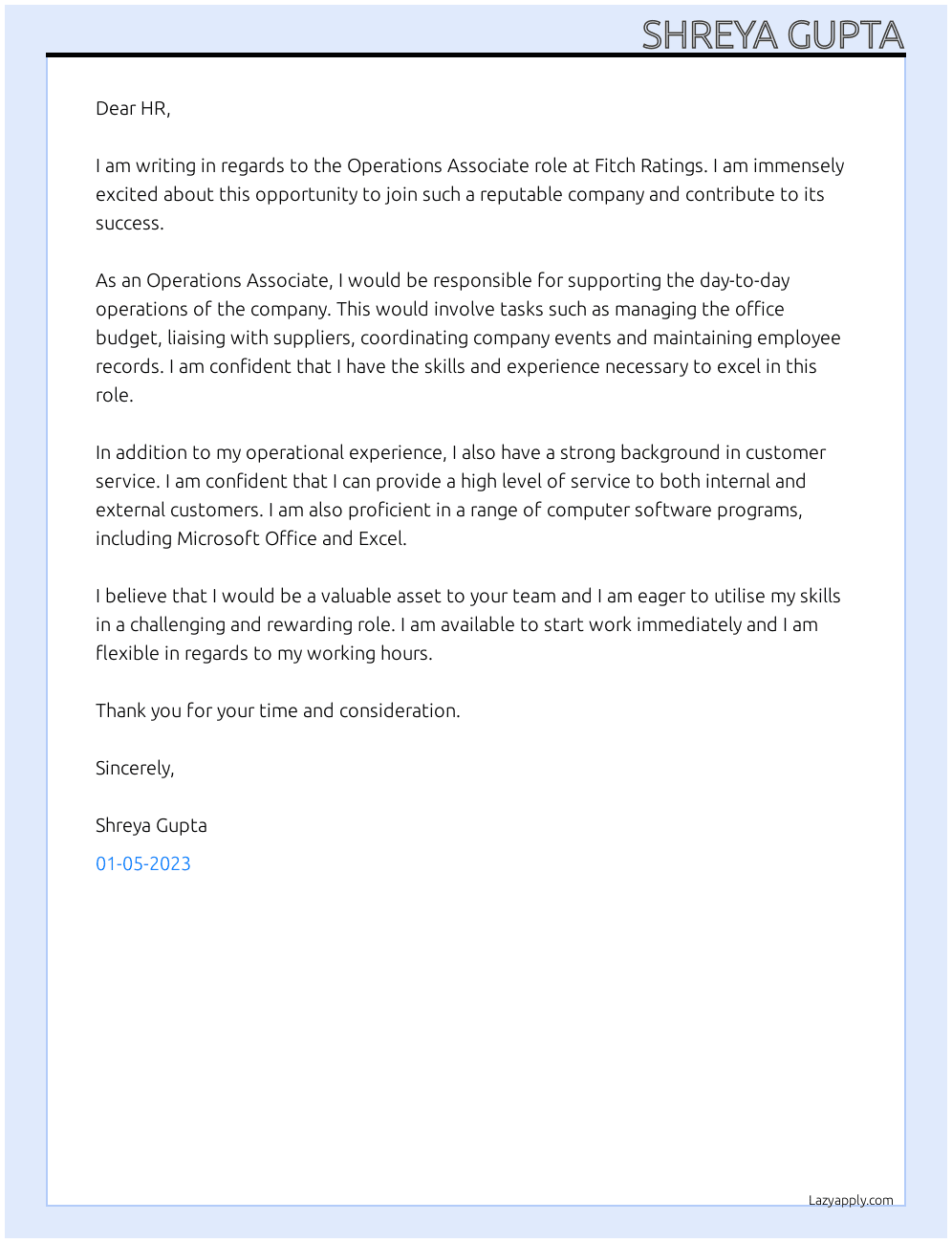 Operations Associate At Fitch Ratings Cover Letter