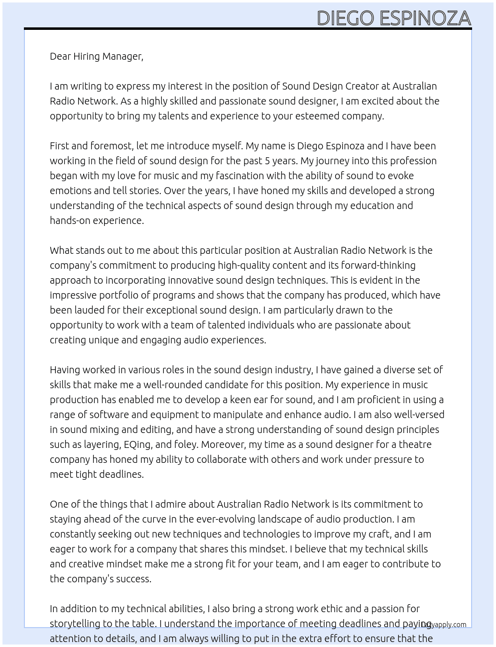 Sound design creator At Australian Radio Network Cover Letter