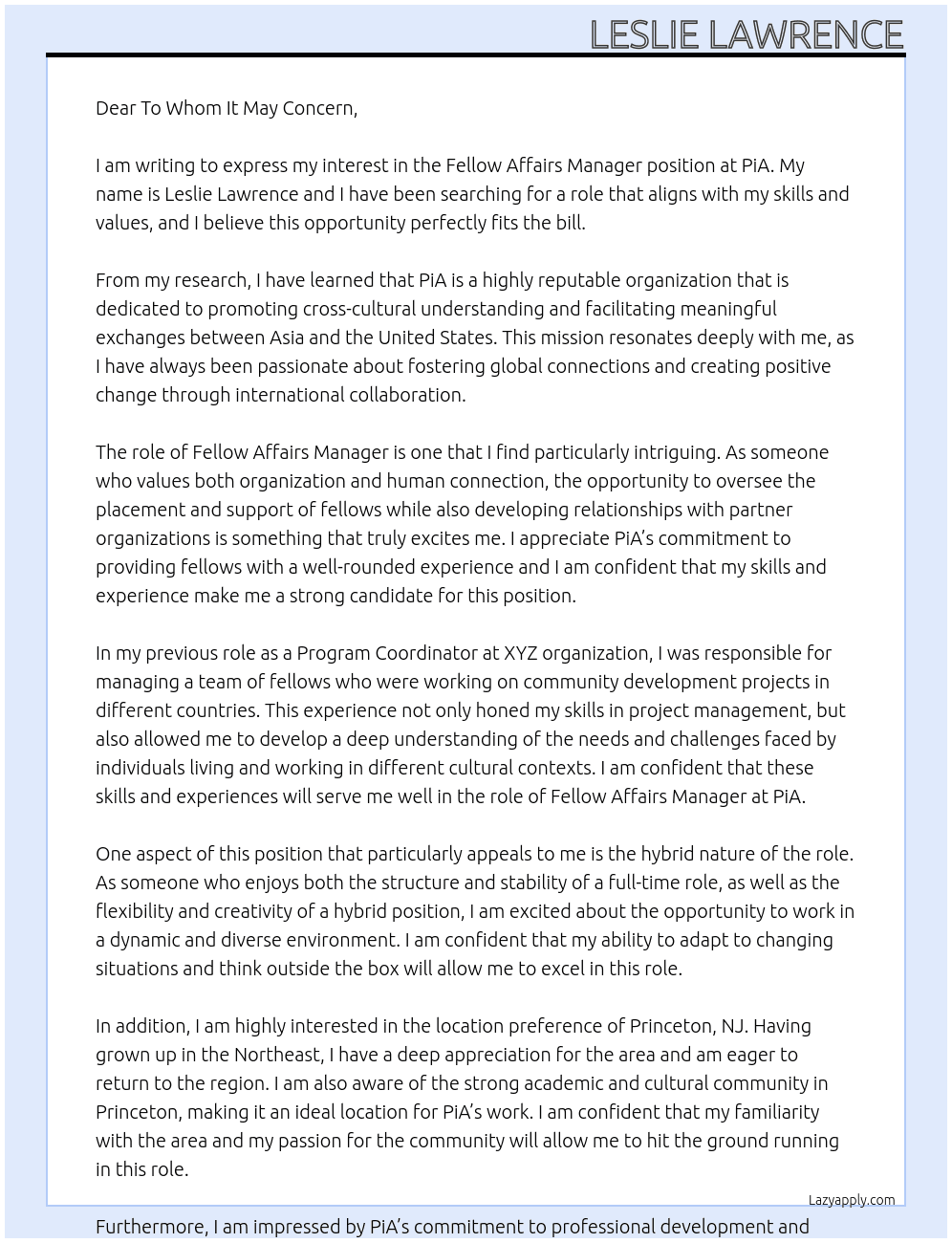 Fellow Affairs Manager At PiA Cover Letter