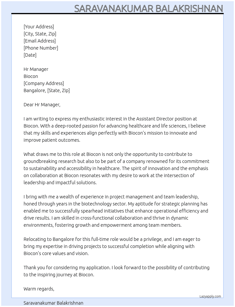 Assistant Director At Biocon  Cover Letter