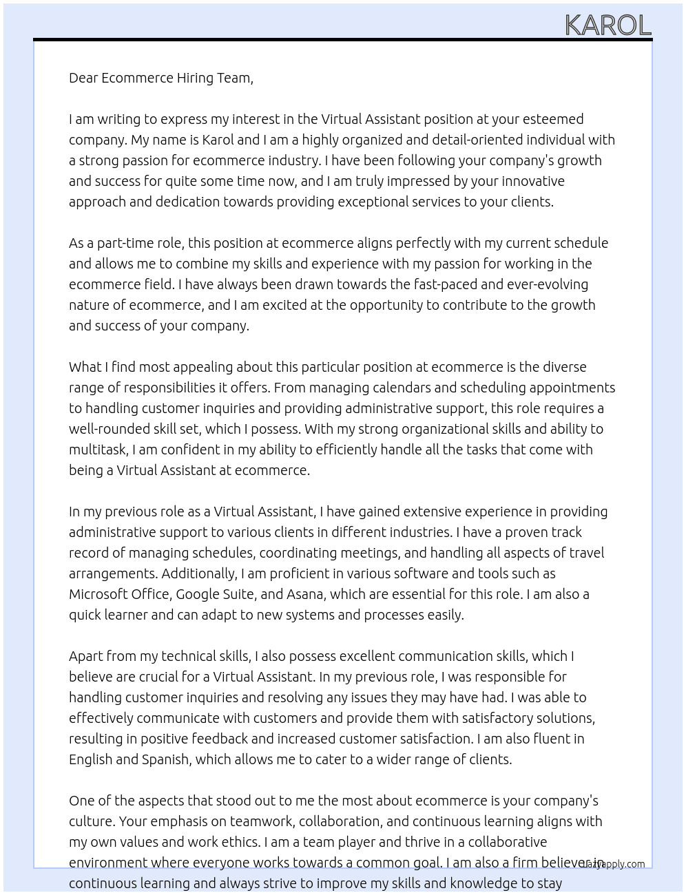 Virtual assistant At ecommerce Cover Letter