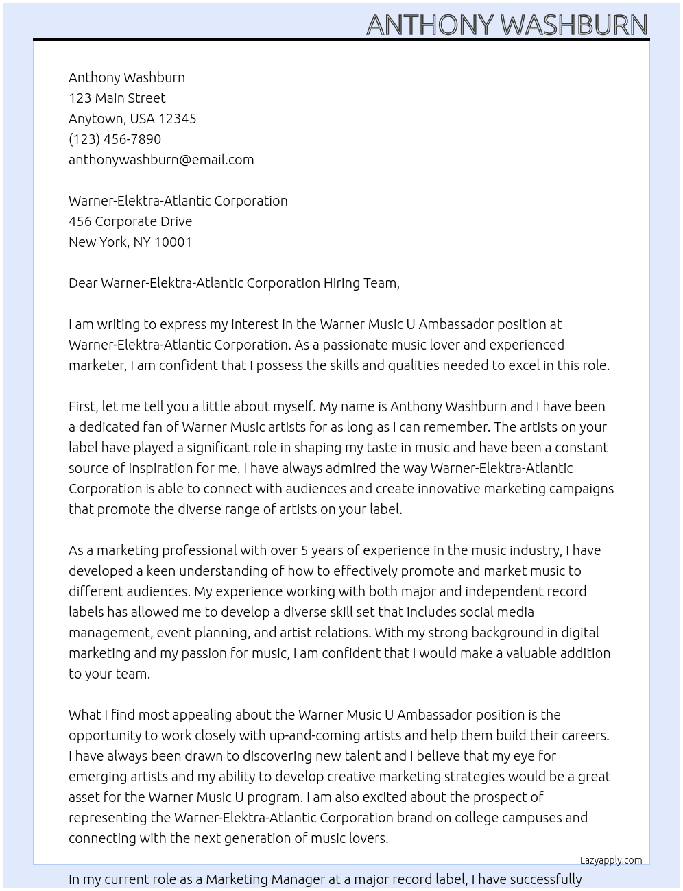 Warner Music U, Ambassador At Warner-Elektra-Atlantic Corporation Cover Letter