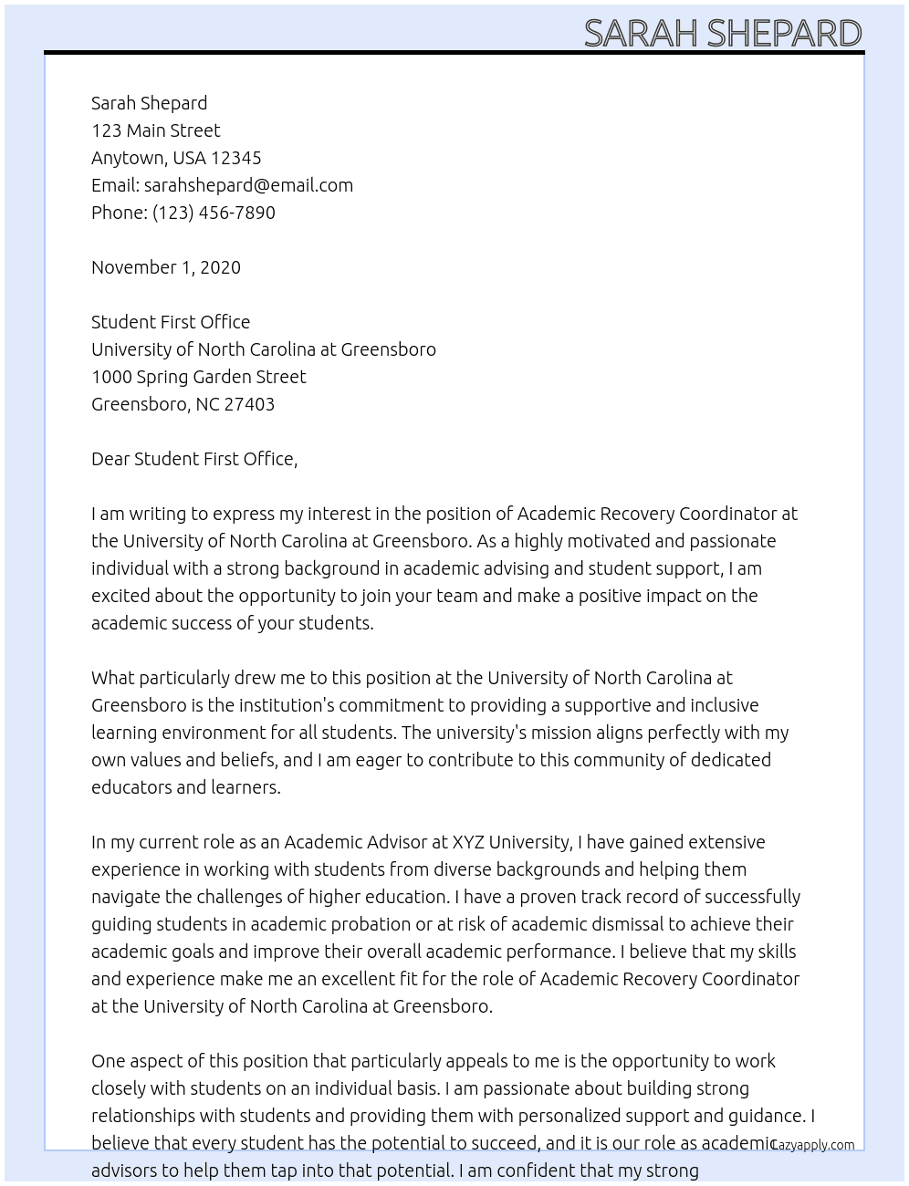 Academic Recovery Coordinator At University of North Carolina at Greensboro Cover Letter