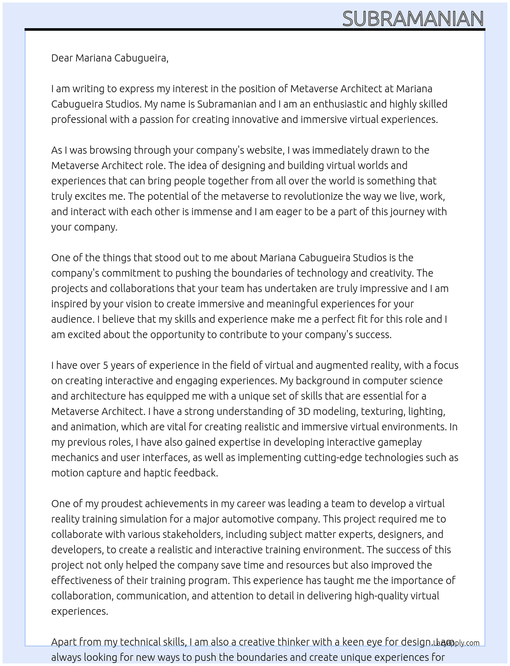 Metaverse Architect At mariana cabugueira studios Cover Letter