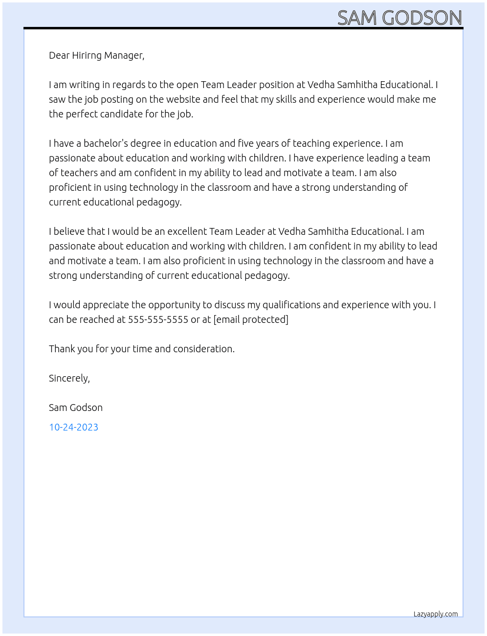 Team Leader At Vedha Samhitha Educational  Cover Letter