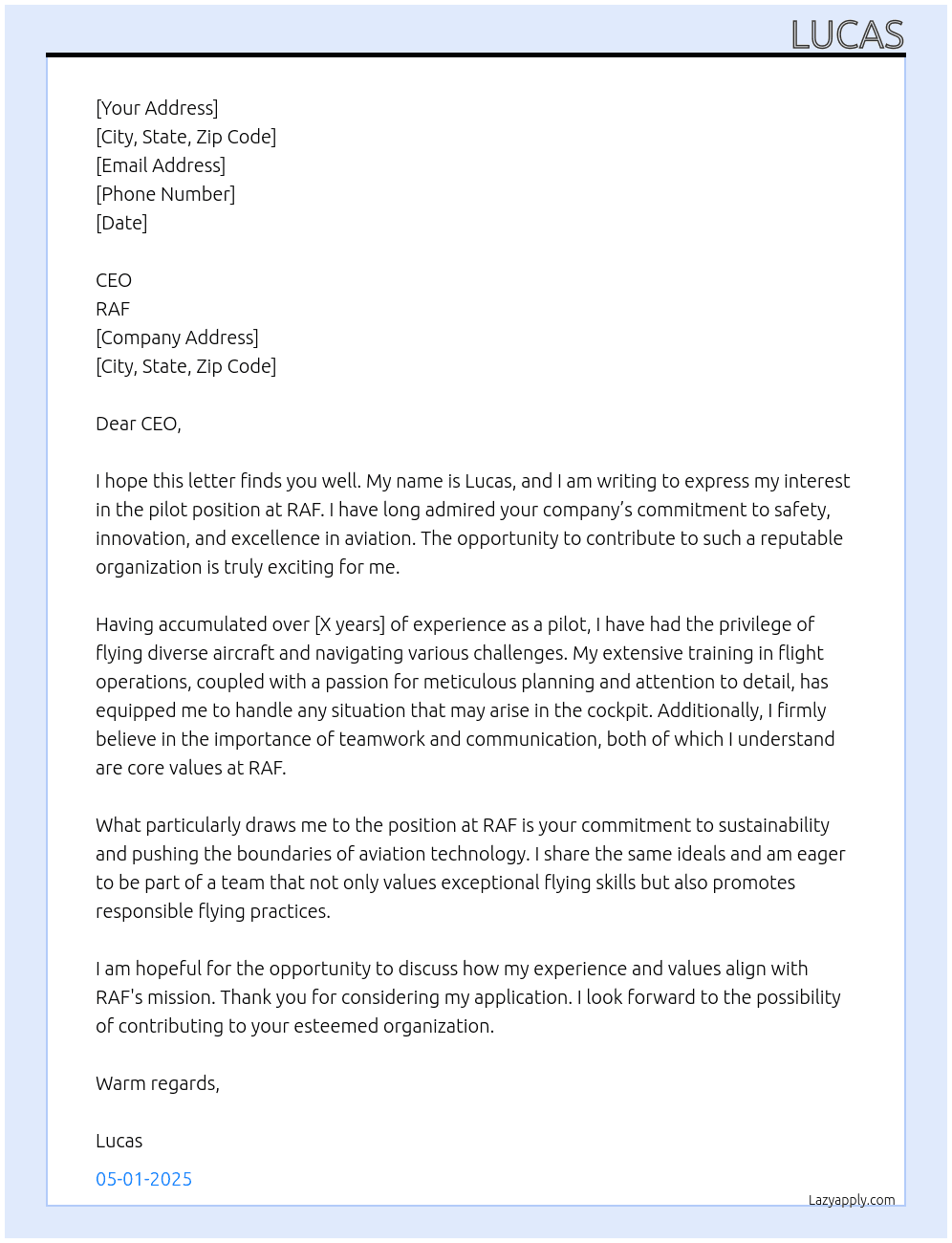 pilot At raf Cover Letter