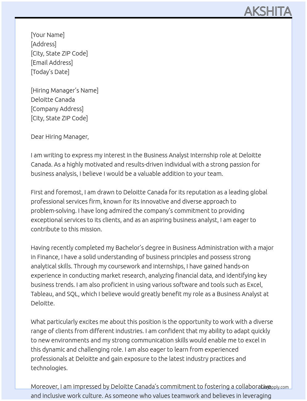 Business Analyst At Deloitte Canada Cover Letter