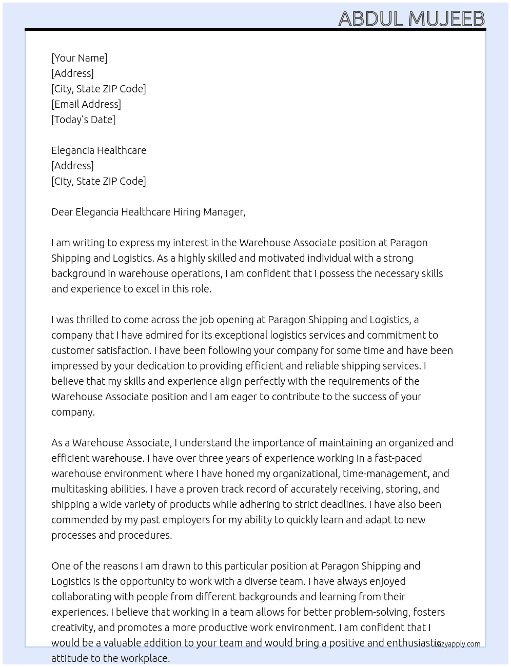 warehouse associate At paragon shipping and logistics. Cover Letter