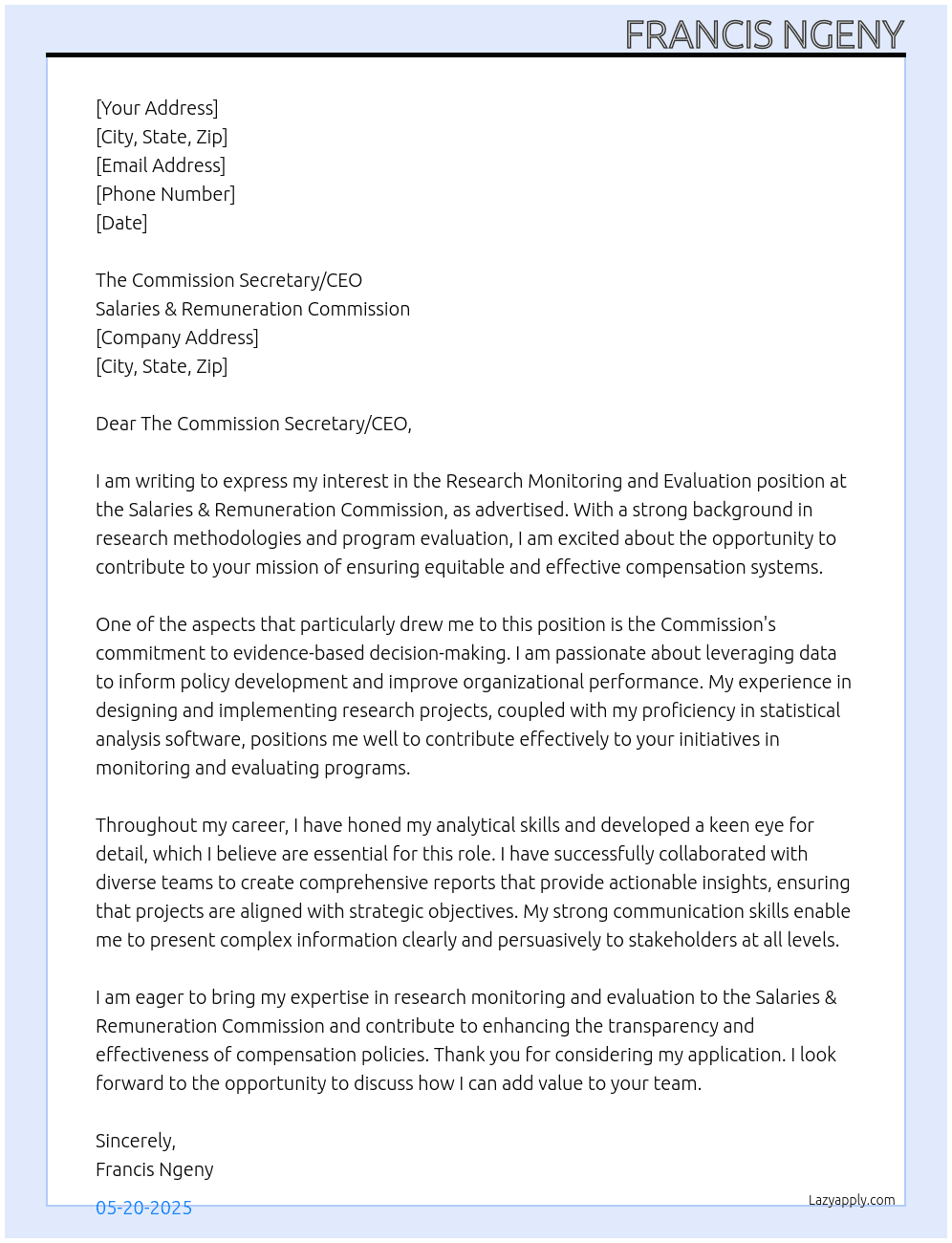 Cover letter for research monitoring and evaluation - LazyApply