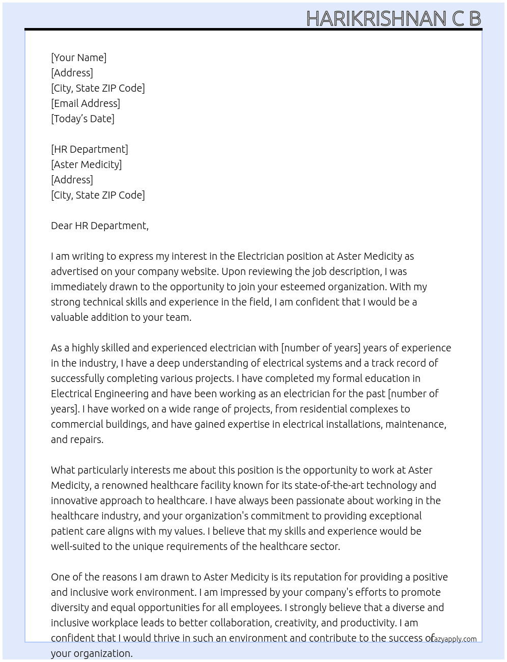 electrician At aster medicity Cover Letter