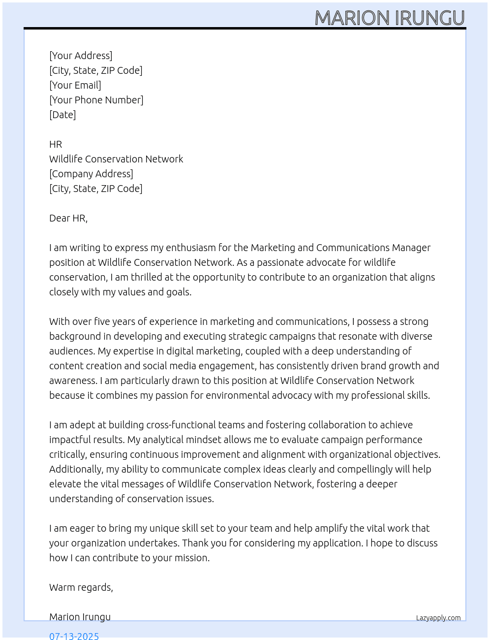 Marketing and Communications Manager At Wildlife Conservation Network Cover Letter