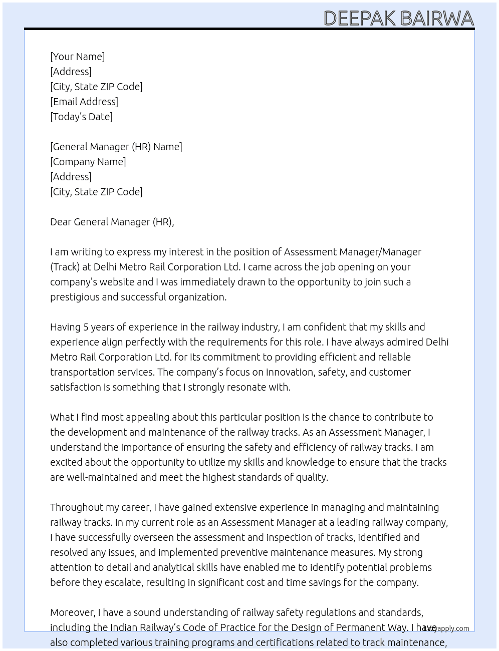 ASSESSMENT MANAGER / MANAGER (TRACK) At DELHI METRO RAIL CORPORATION LTD.  Cover Letter