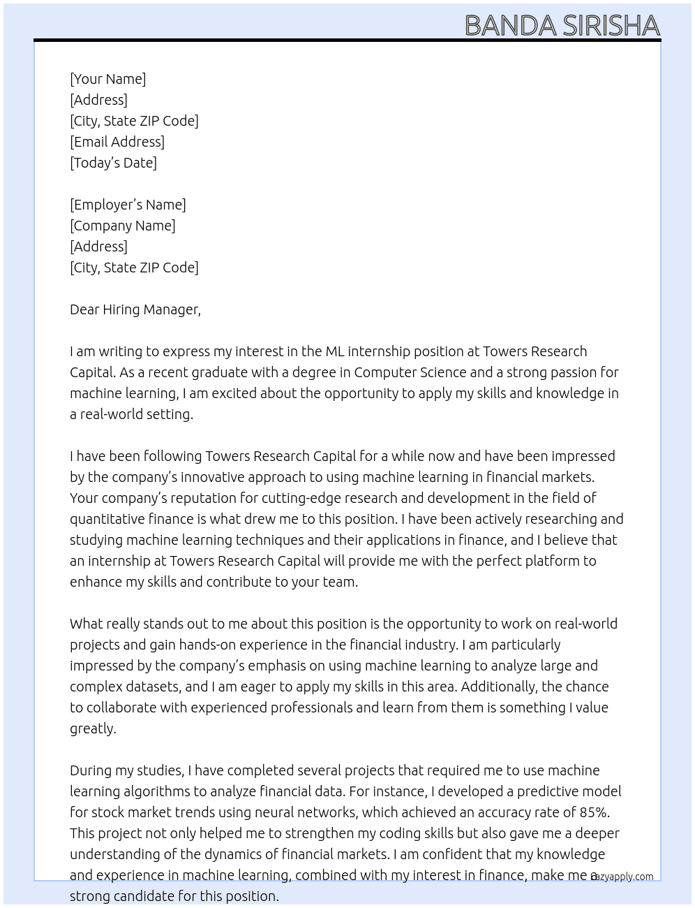 ML internship  At Towers Reasearch capital  Cover Letter