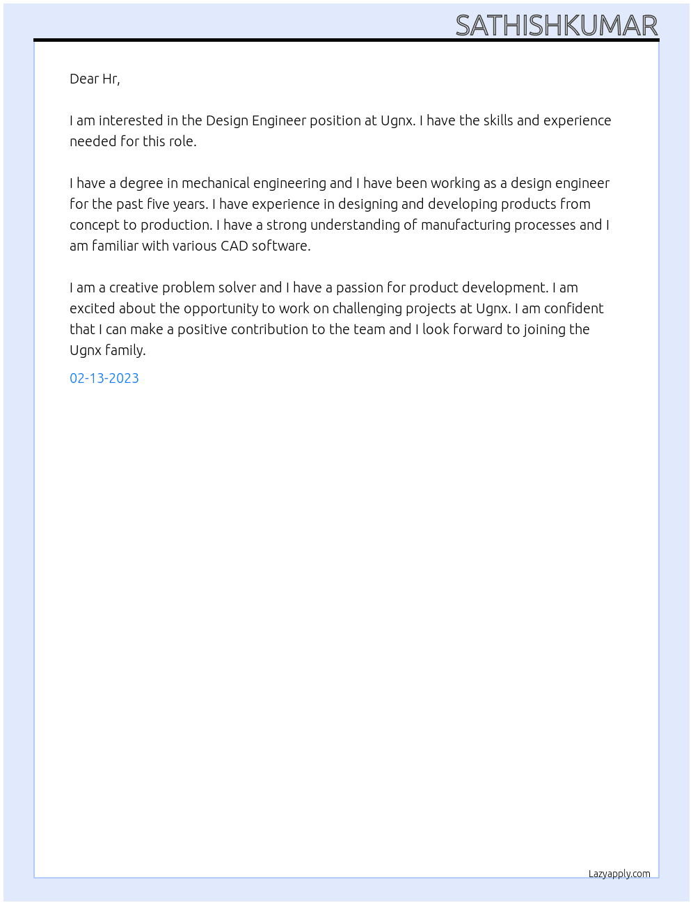 Design engineer At Ugnx design engineer Cover Letter