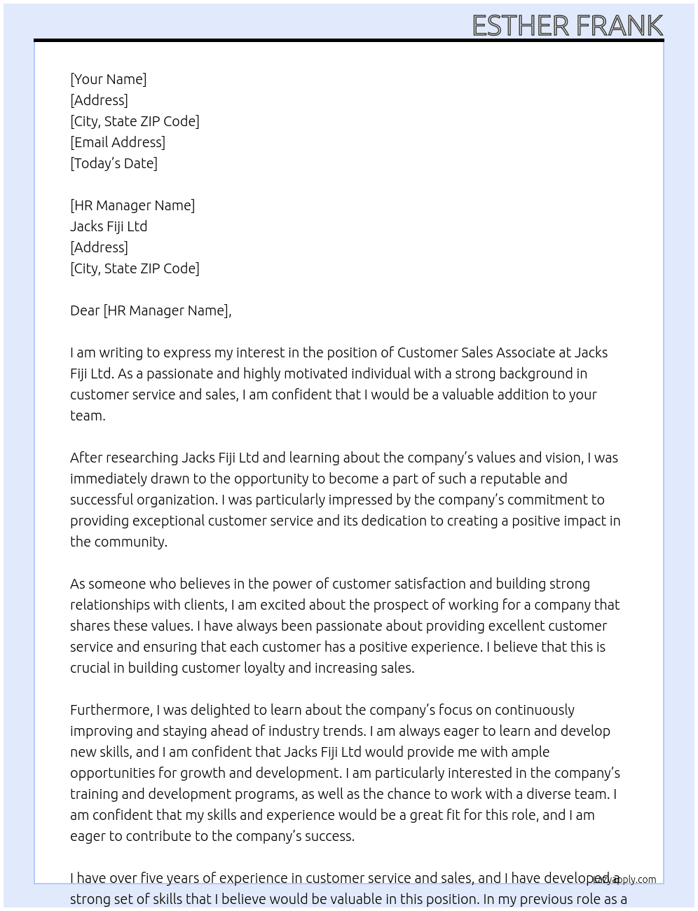 Customer Sales Associate  At Jacks Fiji Ltd  Cover Letter