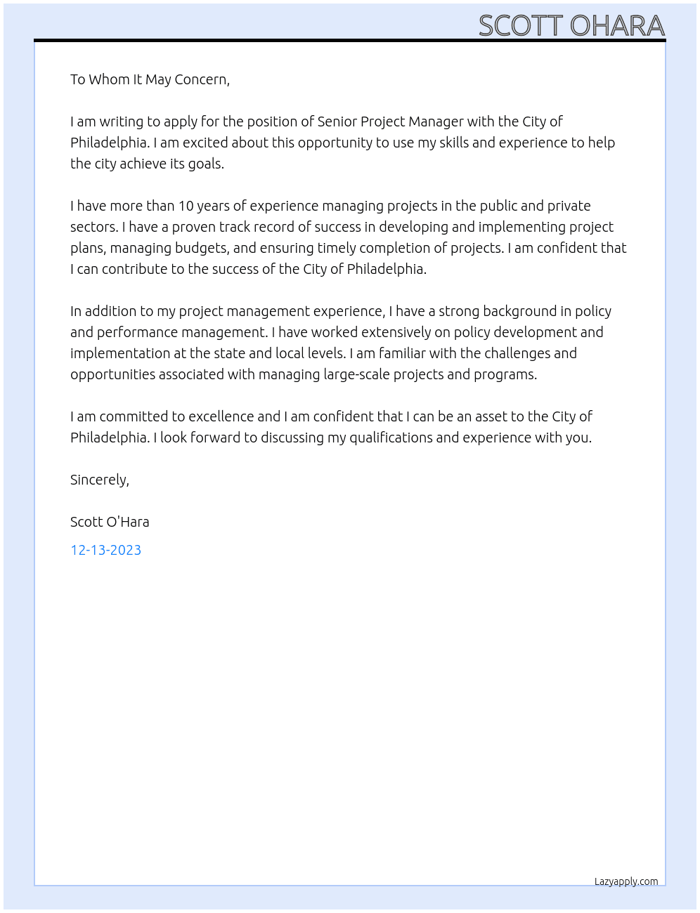 Senior Project Manager At City of Philadelphia Cover Letter