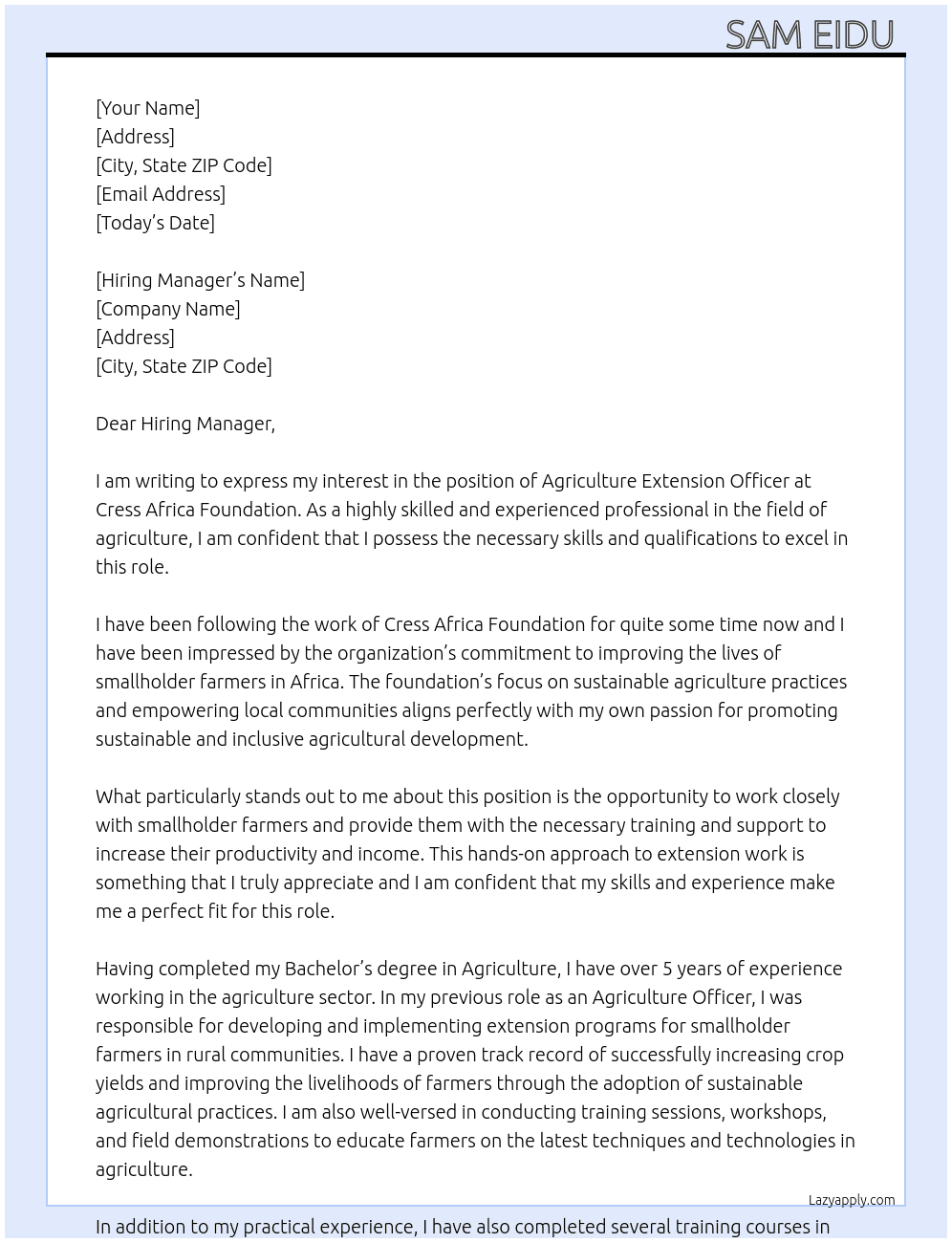 Agriculture Extension Officer  At Cress africa foundation  Cover Letter