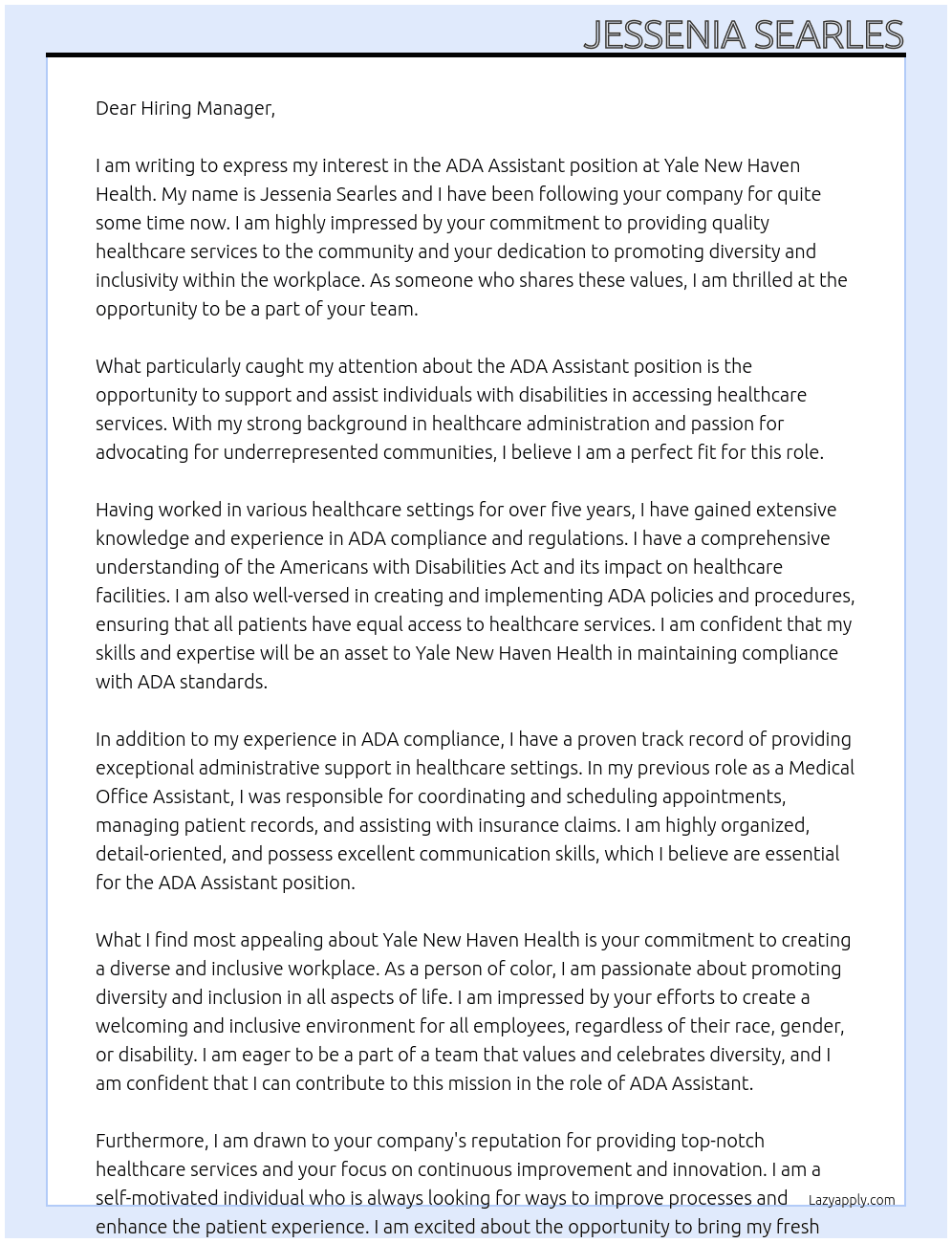 ADA Assistant At Yale New Haven Health Cover Letter