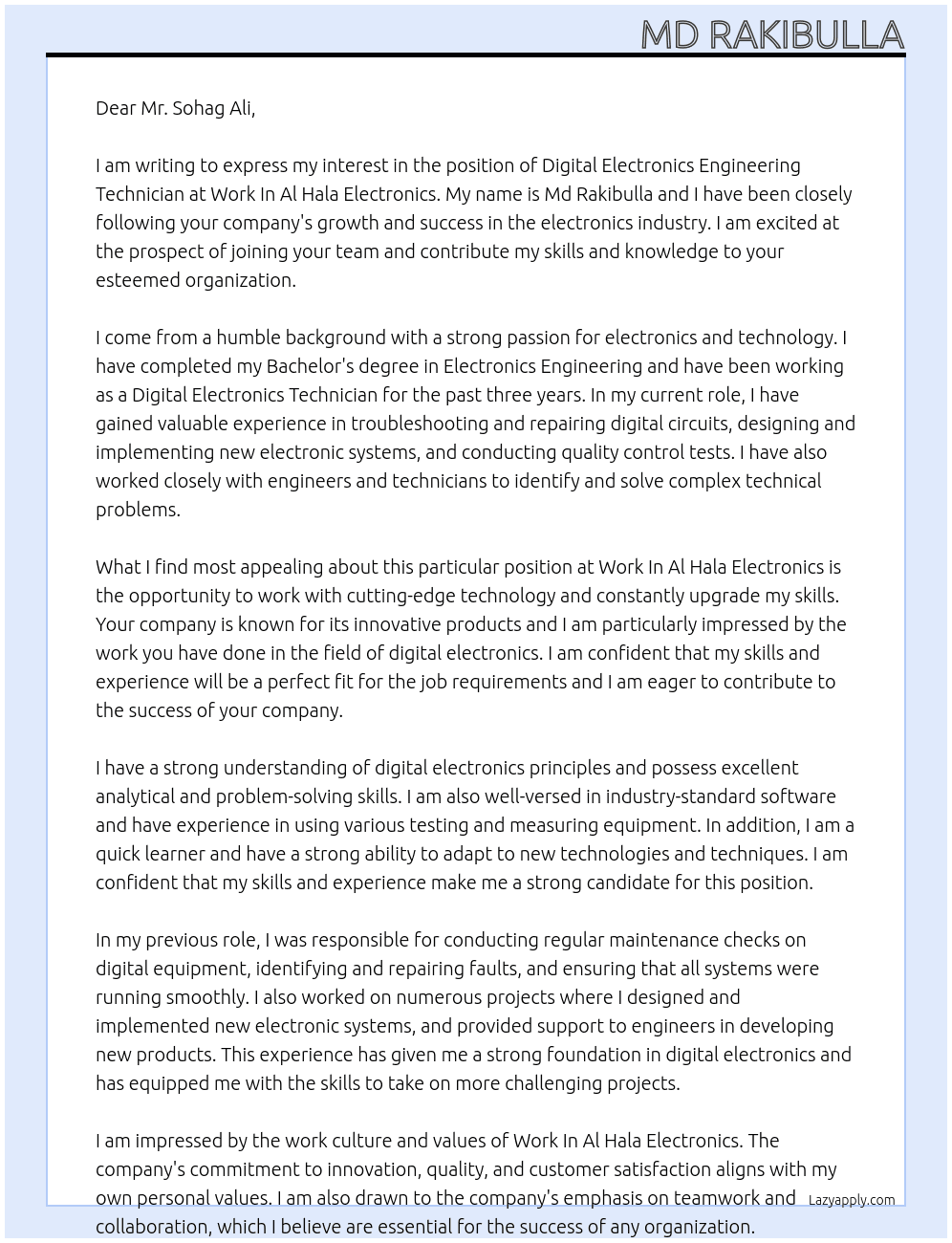 Cover letter for digital electronics engineering technician - LazyApply