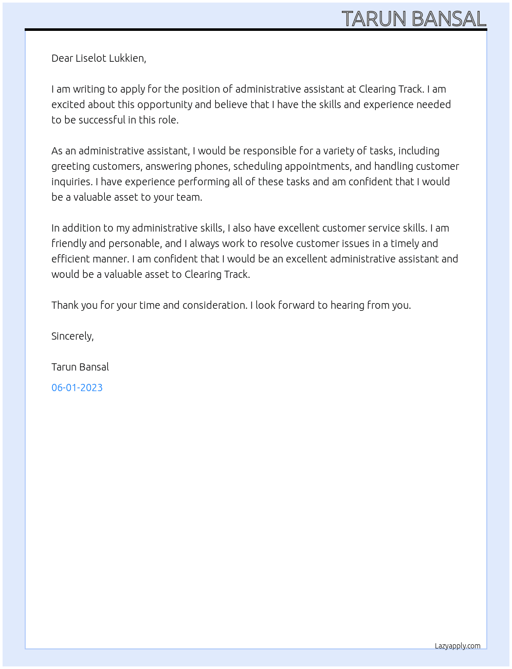 Administrative assistant At Clearing Track Cover Letter
