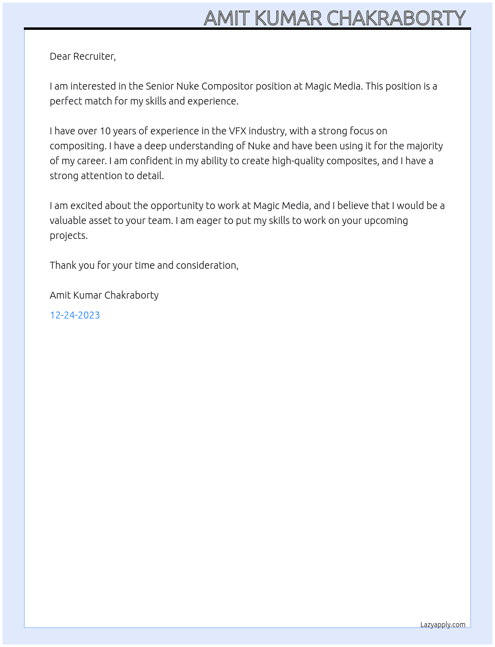 Senior Nuke Compositor At Magic Media Cover Letter