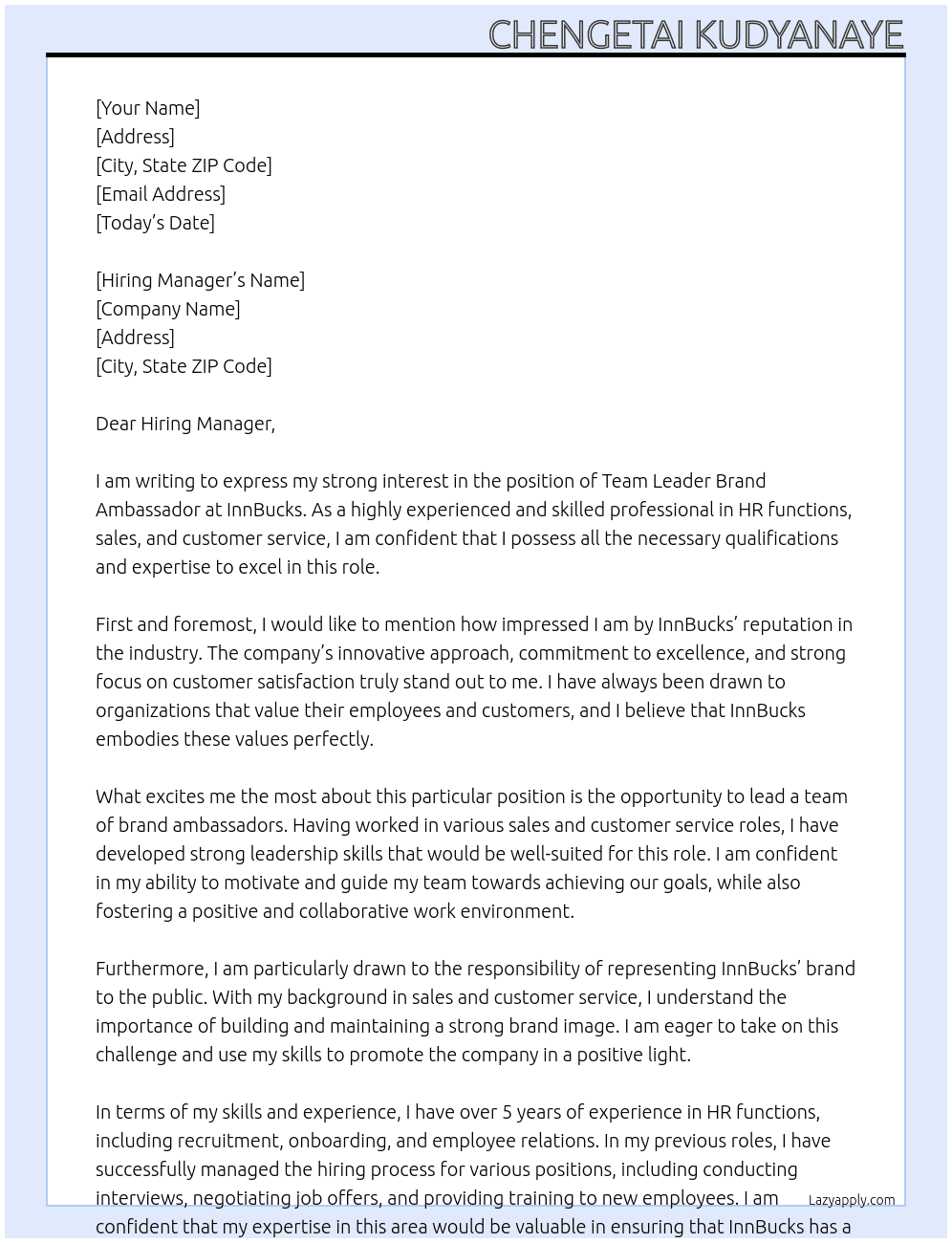Team Leader Brand Ambassador At InnBucks Cover Letter