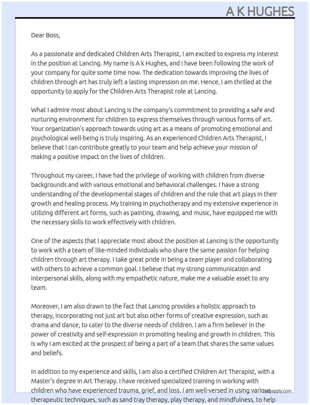 children arts therapist At lancing Cover Letter