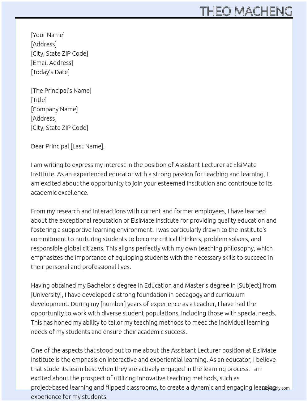 assistant lecturer At ElsiMate Institute Cover Letter
