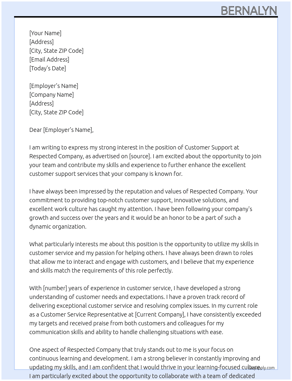 customer support At Respected Company Cover Letter