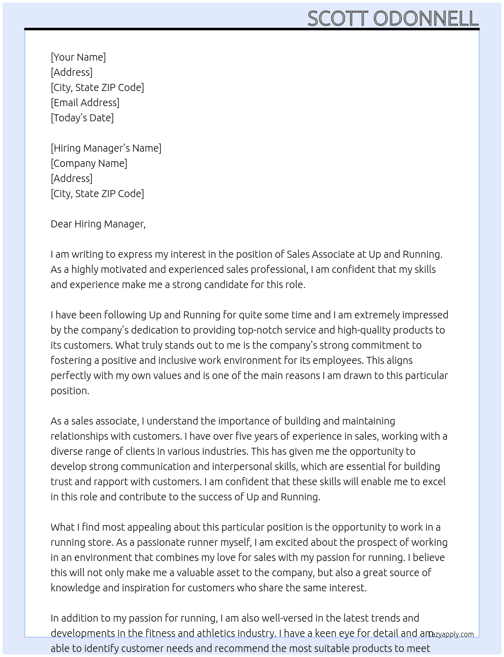 Sales associate running store  At Up and Running  Cover Letter