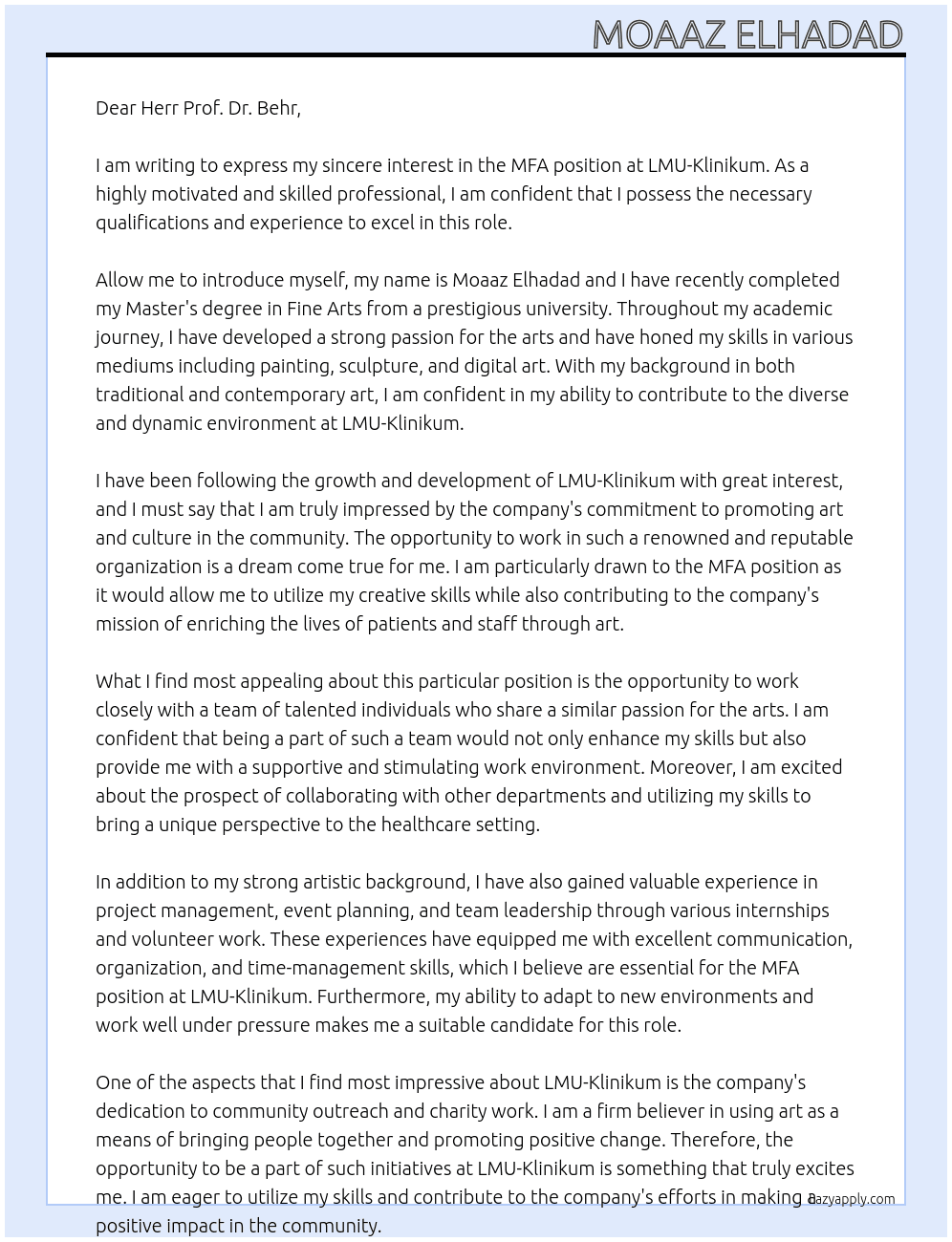 MFA At LMU-Klinikum Cover Letter